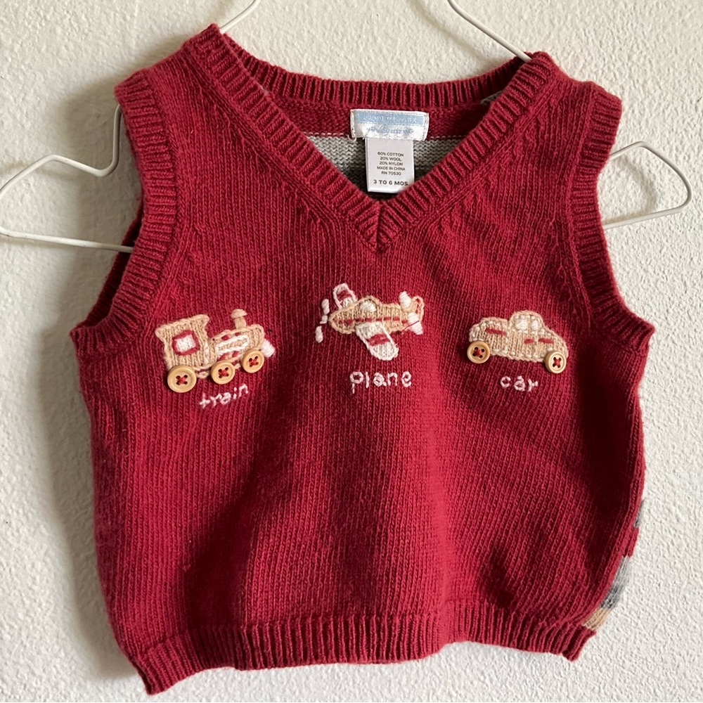 Vintage Janie & Jack Boys Red Knit Sweater Vest Train Plane Car Embroidery 3-6